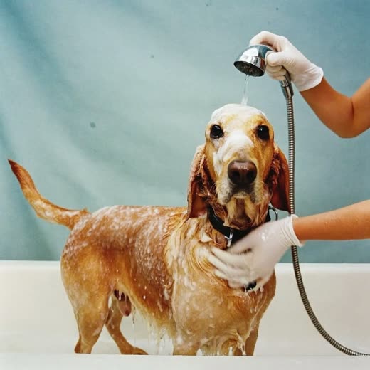 A cockapoo being rinsed in the bath during a groom